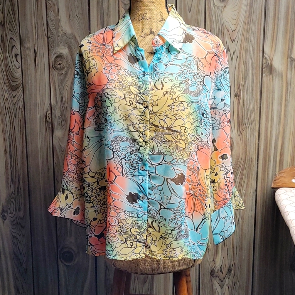 Nicola Womens Blouse Multi-Print with 3/4 Bell Sleeves Size XL